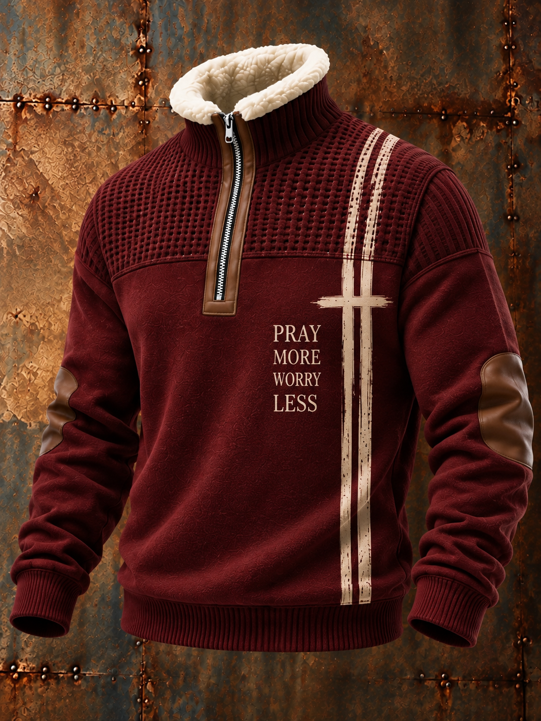Men's Faith Art Zipper Fur Collar Long Sleeve Sweatshirt